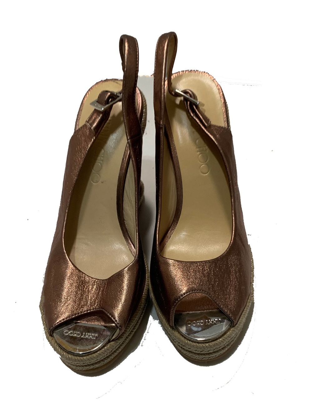 Jimmy Choo Metallic Bronze Peep-Toe Wedge Sandals - Picture 4 of 8